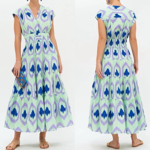 Oliphant Cinched Waist Maxi Dress In Green Odisha Ikat Print - Picture 1 of 11